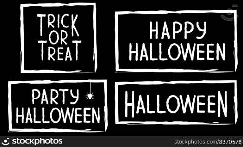 Text banner with the inscription for the holiday. Happy Halloween party. Trick or treat. Pattern with a texture in a simple grunge frame with a spiders web. Vector illustration in black and white. Text banner with the inscription for the holiday. Happy Halloween party. Trick or treat. Pattern with a texture in a simple grunge frame with a spiders web. Vector illustration in black and white.