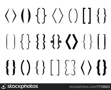 Text brackets. Curly braces, square and corner parentheses. Bracket punctuation shapes for messages. Vector calligraphy communication typography symbols. Text brackets. Curly braces, square and corner parentheses. Bracket punctuation shapes for messages. Vector calligraphy symbols