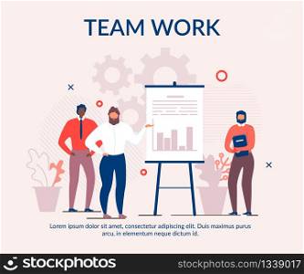 Text Cartoon Banner Advertising Teamwork. Diverse Multiracial Cartoon Male Characters Present Coworking Benefits Standing near Interactive Whiteboard with Charts and Graphs. Vector Flat Illustration. Text Cartoon Banner Advertising Effective Teamwork