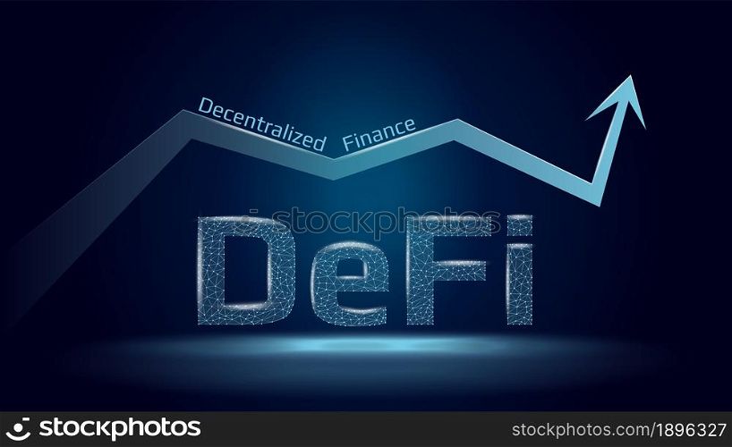 Text Defi decentralized finance and up arrow in polygonal wireframe style on dark blue background. The growth sector of financial applications and services. Vector illustration.