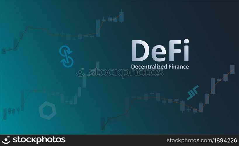 Text Defi decentralized finance on dark background with graphs and coin symbols. An ecosystem of financial applications and services based on public blockchains. Vector EPS 10.