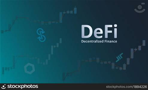 Text Defi decentralized finance on dark background with graphs and coin symbols. An ecosystem of financial applications and services based on public blockchains. Vector EPS 10.