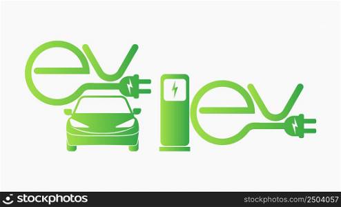 Text design and Electric car smart car icon with a charging station with plug-in cable. green is isolated on white background. Green Energy concept. vector illustration of future transport electric.