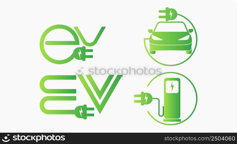 Text design and Electric car smart car icon with a charging station with plug-in cable. green is isolated on white background. Green Energy concept. vector illustration of future transport electric.
