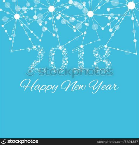 Text design Christmas and Happy new year 2018. Graphic background molecule and communication. Connected lines with dots. Lines plexus. Scientific cybernetic vector illustration. Text design Christmas and Happy new year 2018. Graphic background molecule and communication. Connected lines with dots. Lines plexus. Scientific cybernetic vector illustration. eps 10