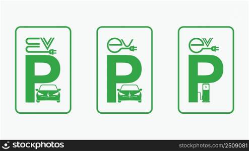 Text design Letter P and EV with Electric car and charger car icon symbol. Green electric vehicle parking sign, Electric car charging point, Parking space Eco-friendly hybrid cars, Vector illustration
