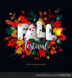 Text fall festival in paper style on multicolor background with autumn leaves. Hand drawn grunge blots elements. Fall style for autumn festival.. Text fall festival in paper style on multicolor background with autumn leaves. Hand drawn grunge blots elements.