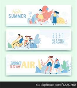 Text Header Banner Set. Cartoon Happy Family Resting Together. Active Recreation and Leisure Outdoors. Lettering Hello Summer in Air and Best Season. Flat Vector Illustration with Foliage Design. Text Header Banner Set and Happy Family Recreation