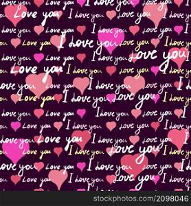 Text I love you, hand written words, pink hearts. Seamless pattern, sketch, doodle, lettering, happy valentines day. Vector illustration black background for wrapping paper, greeting cards, invitations. Text I love you, hand written words, pink hearts. Seamless pattern, sketch, doodle, lettering, happy valentines day. Vector illustration black background