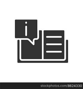 Text information black glyph icon. Instruction for users. Catalogue of common answers. Tutorial for reading. Silhouette symbol on white space. Solid pictogram. Vector isolated illustration. Text information black glyph icon