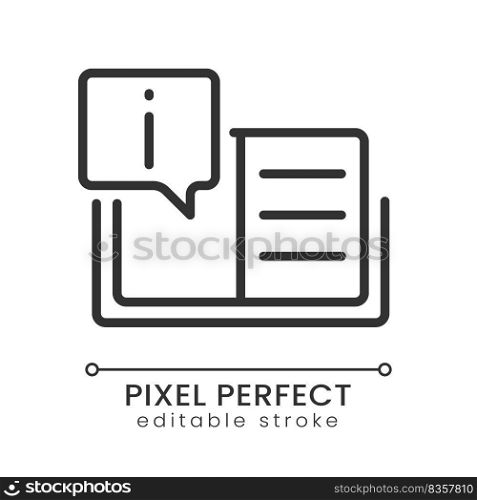 Text information pixel perfect linear icon. Instruction for users. Catalogue of common answers. Thin line illustration. Contour symbol. Vector outline drawing. Editable stroke. Poppins font used. Text information pixel perfect linear icon