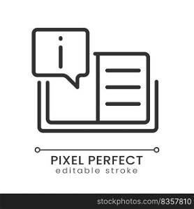 Text information pixel perfect linear icon. Instruction for users. Catalogue of common answers. Thin line illustration. Contour symbol. Vector outline drawing. Editable stroke. Poppins font used. Text information pixel perfect linear icon