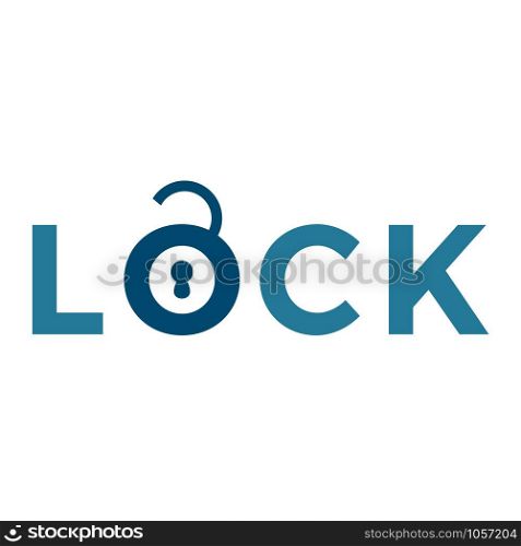 Text Lock with open lock logo design. Security protection shield symbol.