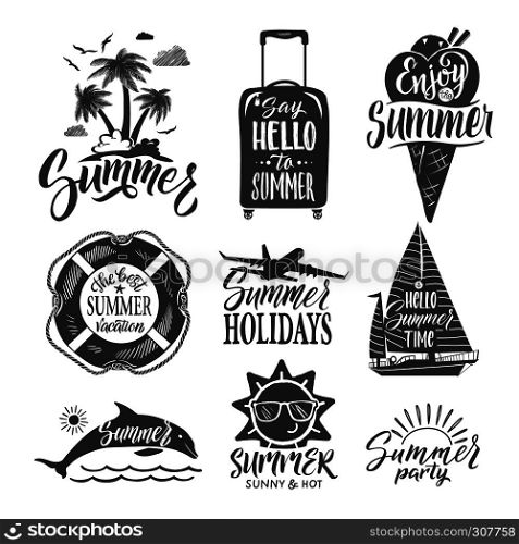 Text logo for summer party. Hand drown letters and design elements. Vector ilustrations set. Summer time vacation, travel logo summer party. Text logo for summer party. Hand drown letters and design elements. Vector ilustrations set