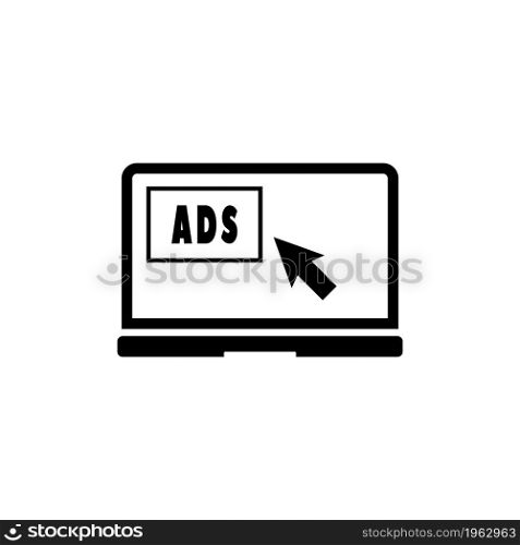 Text on Laptop screen ADS. Simple flat symbol on white background. Text on laptop screen ADS
