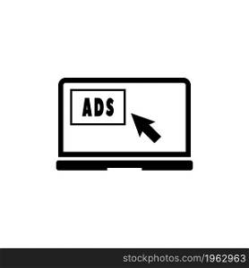 Text on Laptop screen ADS. Simple flat symbol on white background. Text on laptop screen ADS