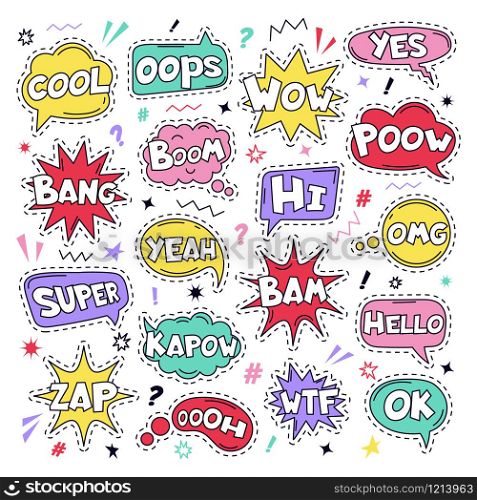 Text patch stickers. Speech comic funny text patches, Cool, Bang and Wow doodle comical speech clouds, thinking bubbles and comics words vector illustration icon set. oops, yes and ok, wtf signs. Text patch stickers. Speech comic funny text patch stickers, Cool, Bang and Wow doodle comical speech clouds, thinking bubbles and comics words vector illustration icon set