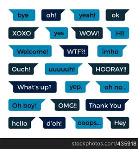Text phone chat messages vector collection with common words. Message chat and speech bubble for messaging phone illustration. Text phone chat messages vector collection with common words