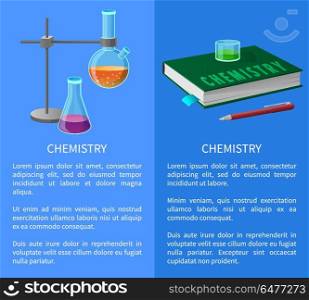 Textbook and Chemistry Tools Isolated Illustration. Chemistry tools and textbook isolated vector illustration with text on blue. Erlenmeyer and round-bottomed laboratory flasks with liquid in cartoon style