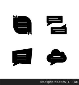 Textbox black glyph icons set on white space. Empty group chat and feedback box. Blank speech bubbles. Online communication and notification. Silhouette symbols. Vector isolated illustration. Textbox black glyph icons set on white space