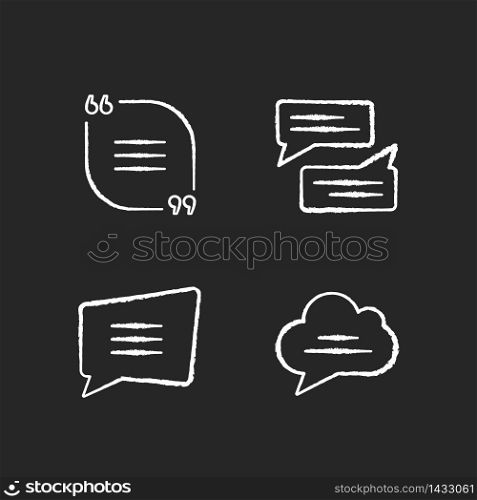 Textbox chalk white icons set on black background. Empty group chat and feedback box. Blank speech bubbles. Online communication and notification. Isolated vector chalkboard illustrations. Textbox chalk white icons set on black background