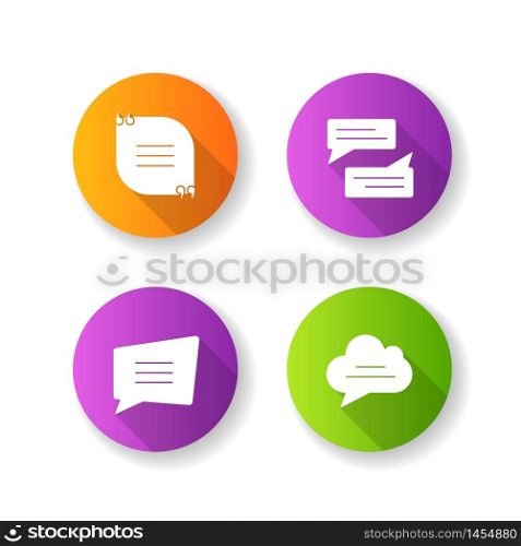 Textbox flat design long shadow glyph icons set. Empty group chat and feedback box. Blank speech bubbles. Online communication and notification. Silhouette RGB color illustration. Textbox flat design long shadow glyph icons set