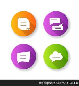 Textbox flat design long shadow glyph icons set. Empty group chat and feedback box. Blank speech bubbles. Online communication and notification. Silhouette RGB color illustration. Textbox flat design long shadow glyph icons set