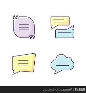 Textbox yellow, blue and violet RGB color icons set. Empty group chat and feedback box. Blank speech bubbles. Online communication and notification. Isolated vector illustrations. Textbox yellow, blue and violet RGB color icons set