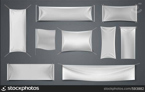 Textile ad banner. Blank white fabric advertising mockup, realistic isolated cloth ad sheet. Vector image folds rectangular promotion flag. Textile ad banner. Blank white fabric advertising mockup, realistic isolated cloth ad sheet. Vector rectangular promotion flag