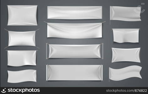 Textile advertising banners. White waving fabric signs, blank isolated promotion cloth label. Vector realistic isolated image advertising sheet. Textile advertising banners. White waving fabric signs, blank isolated promotion cloth label. Vector realistic advertising sheet