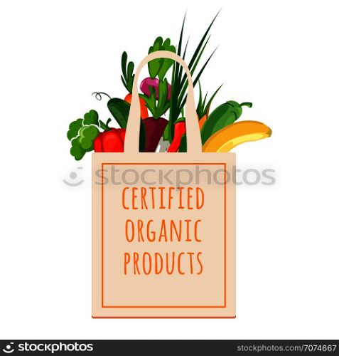 Textile bag with organic products. Bag for product eco and natural, food vegetable, vector illustration. Textile bag with organic products