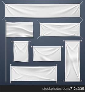 Textile banners. White blank cloth horizontal, vertical banners and flag. Fabric advertising ribbons and posters vector template. White textile sheet, material canvas hanging illustration. Textile banners. White blank cloth horizontal, vertical banners and flag. Fabric advertising ribbons and posters vector template