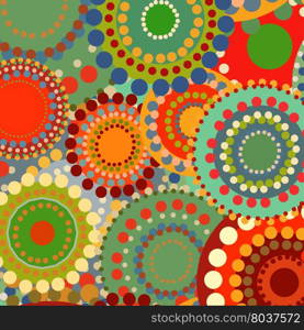 Textile color retro background ornament circles. Vintage summer background. Orange and red warm colors. Vector pattern illustration. Sunny background. Textile color retro background ornament circles