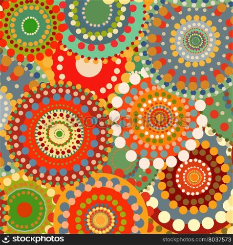 Textile color retro background ornament circles. Vintage summer background. Orange and red warm colors. Vector pattern illustration. Sunny background. Textile color retro background ornament circles