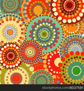 Textile color retro background ornament circles. Vintage summer background. Orange and red warm colors. Vector pattern illustration. Sunny background. Textile color retro background ornament circles
