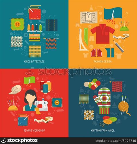 Textile concept set. Textile design concept set with sewing knitting and dressmaking flat icons isolated vector illustration