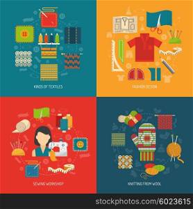 Textile concept set. Textile design concept set with sewing knitting and dressmaking flat icons isolated vector illustration