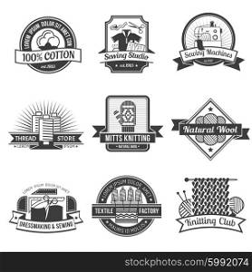 Textile emblem set. Textile black emblem set with dressmaking and knitting symbols isolated vector illustration