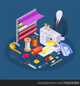 Textile industry composition. Isometric sewing vector. Sewing workshop collection. Illustration sewing and tailoring, workshop machine and equipment for handmade. Textile industry composition. Isometric sewing vector. Sewing workshop collection