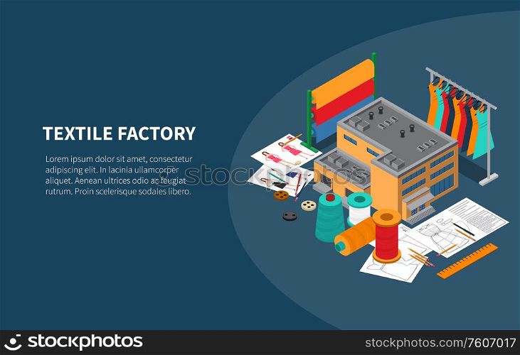 Textile industry manufacturing factory production isometric composition with yarn fabric design clothes rack background banner vector illustration