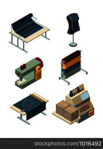 Textile isometric. Industrial sewing factory machinery production garments manufacturing vector collection. Equipment isometric for textile factory, set of machine illustration. Textile isometric. Industrial sewing factory machinery production garments manufacturing vector collection