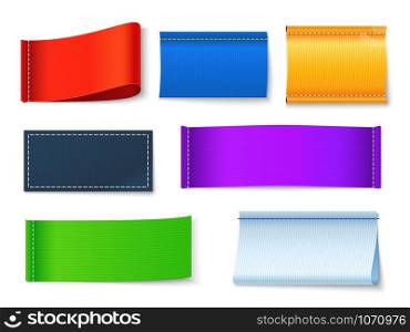 Textile labels. Clothes blank fabric tags, color cotton rectangular banners with copyspace. Isolated vector colored style horizontal seam stitch set. Textile labels. Clothes blank fabric tags, color cotton rectangular banners with copyspace. Isolated vector set