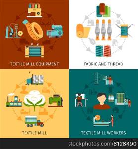 Textile Mill 4 Flat Icons Square. Textile mill production workers and equipment with fabric and threads 4 flat icons square composition abstract vector illustration