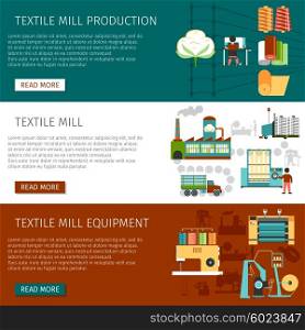 Textile Mill Flat Horizontal Banners Set. Textile mill equipment production and employment information 3 flat interactive website page banners set isolated vector illustration