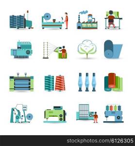 Textile Mill Flat Icons Set . Textile manufacturing process flat icons collection with weaving yarn machinery equipment and clothes fabrication abstract isolated vector illustration