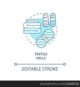 Textile mills turquoise concept icon. Distribution of yarn. Business subsector abstract idea thin line illustration. Isolated outline drawing. Editable stroke. Arial, Myriad Pro-Bold fonts used. Textile mills turquoise concept icon