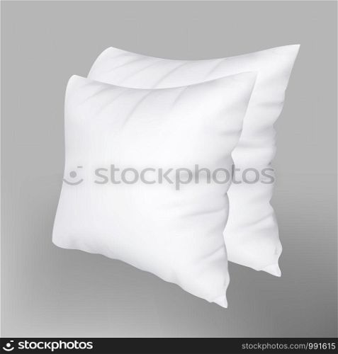 Textile Pillow For Comfortable Relax Sleep Vector Copyspace. Two Blank Orthopedic Soft Pillow Piled Against For Comfort. Bedroom Cotton Accessory For Sleeping Template Realistic 3d Illustration. Textile Pillow For Comfortable Relax Sleep Vector