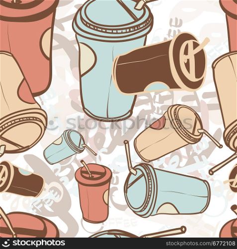 Textile seamless pattern of word coffee labels and takeaway coffee cup