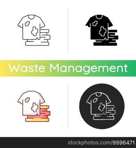 Textile waste icon. Clothing, footwear. Fashion and textile industry refuse. Post-consumer waste. Clothing production. Linear black and RGB color styles. Isolated vector illustrations. Textile waste icon