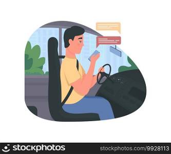 Texting while driving 2D vector web banner, poster. Man in car seat. Driver with smartphone flat characters on cartoon background. Distracted driving printable patch, colorful web element. Texting while driving 2D vector web banner, poster